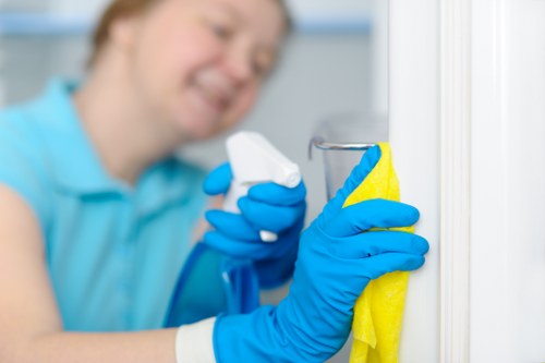 Cleaner carrying out a safe cleaning task with protective awareness
